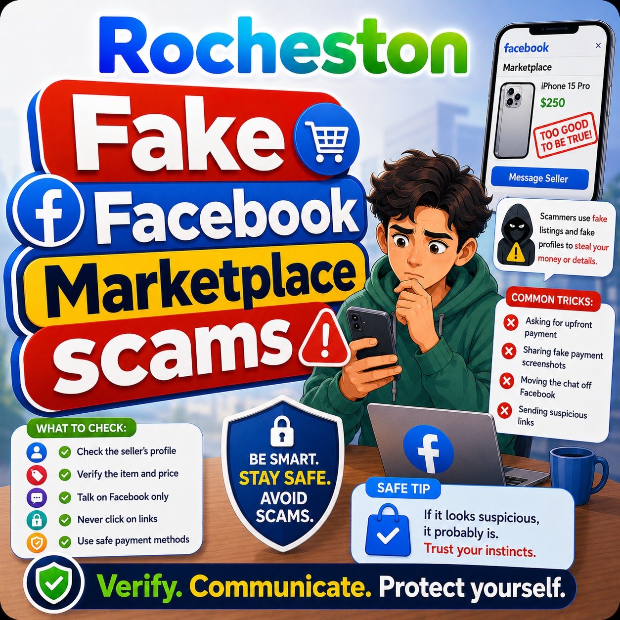 ZelSafe awareness card about fake Facebook Marketplace scams